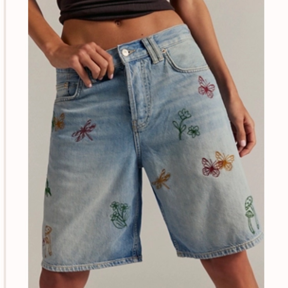 NWT Free People Tricia Fix Embroidered Denim Women Shorts - 27